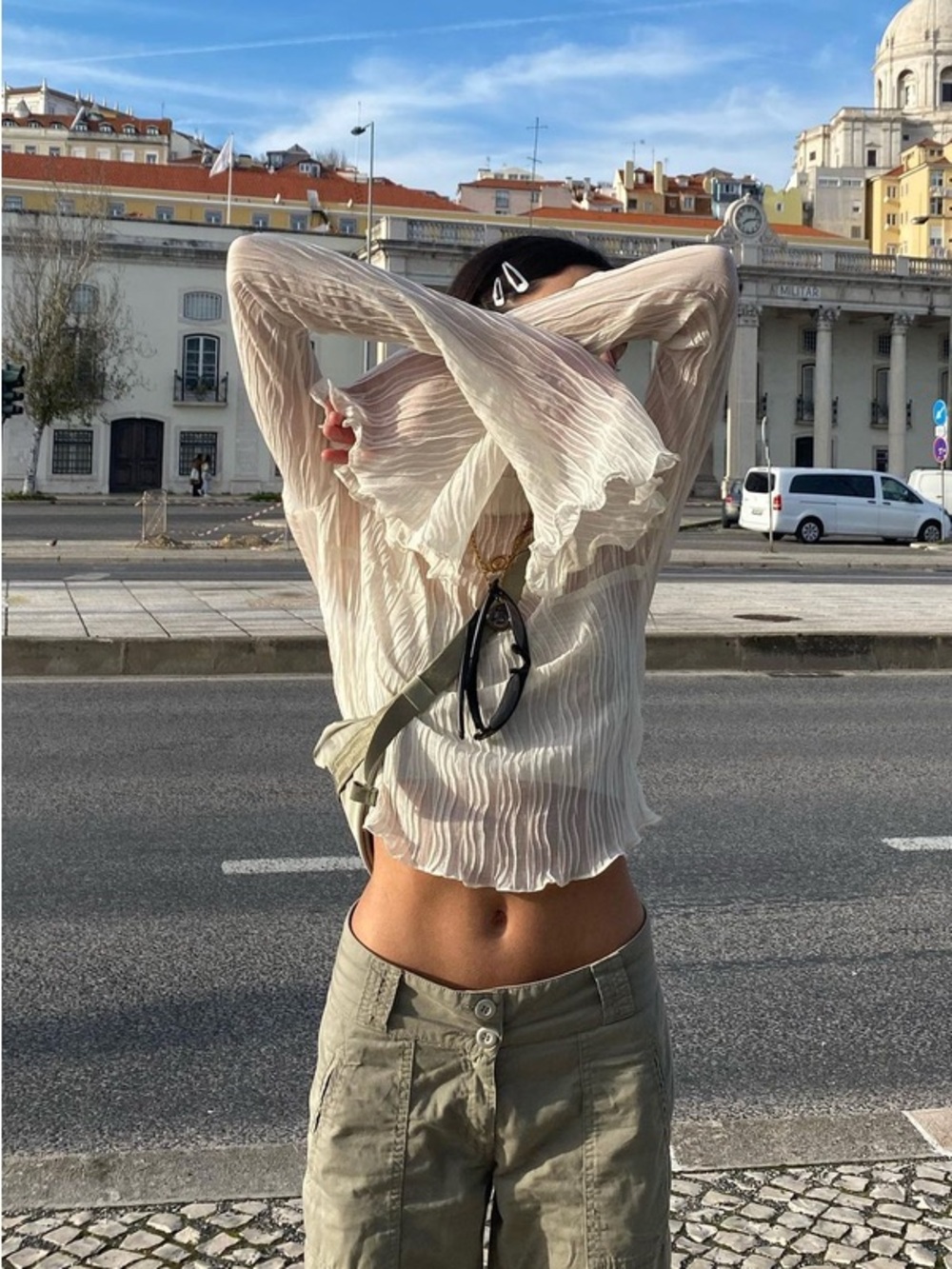négligé high neck pleated sheer blouse